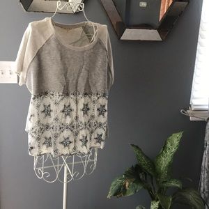 Boho crop sweatshirt top with linen detail